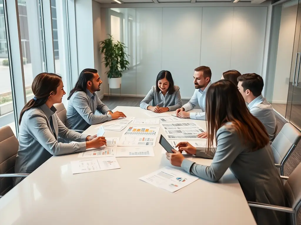 A diverse team of financial experts collaborating in a modern office, discussing risk management strategies and solutions for various clients.