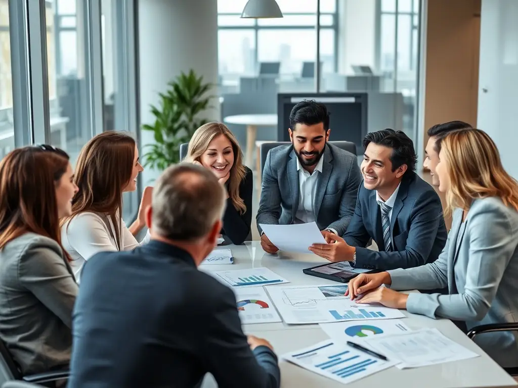 A team of experienced financial advisors collaborating in a modern office setting, discussing investment strategies and client needs.