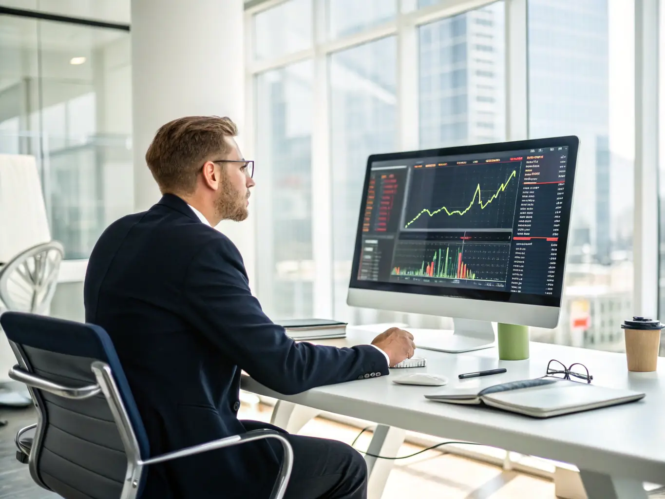 A professional financial advisor analyzing risk assessment data on a computer screen, with charts and graphs illustrating potential financial risks and mitigation strategies.