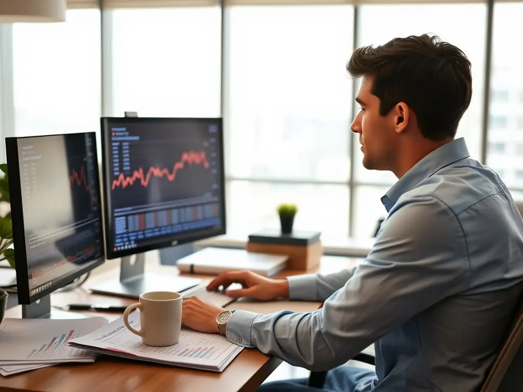 A professional investment manager analyzing financial data on a computer screen, with charts and graphs indicating market trends and investment performance.