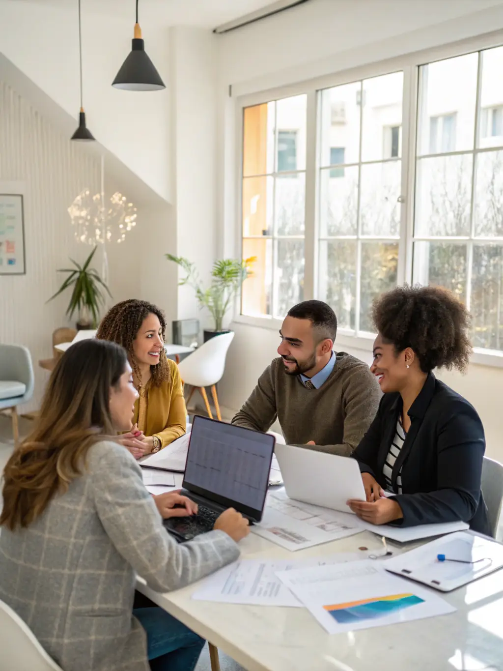 A team of financial analysts working together in a modern office, representing Vortex Investment Partners' expert team and collaborative approach.